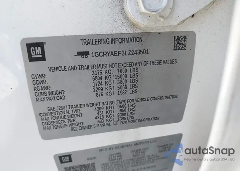 2020 Chevrolet Silverado 1500 4Wd Standard Bed Wt z USA, uszkodzony, nr VIN 1GCRYAEF3LZ243501